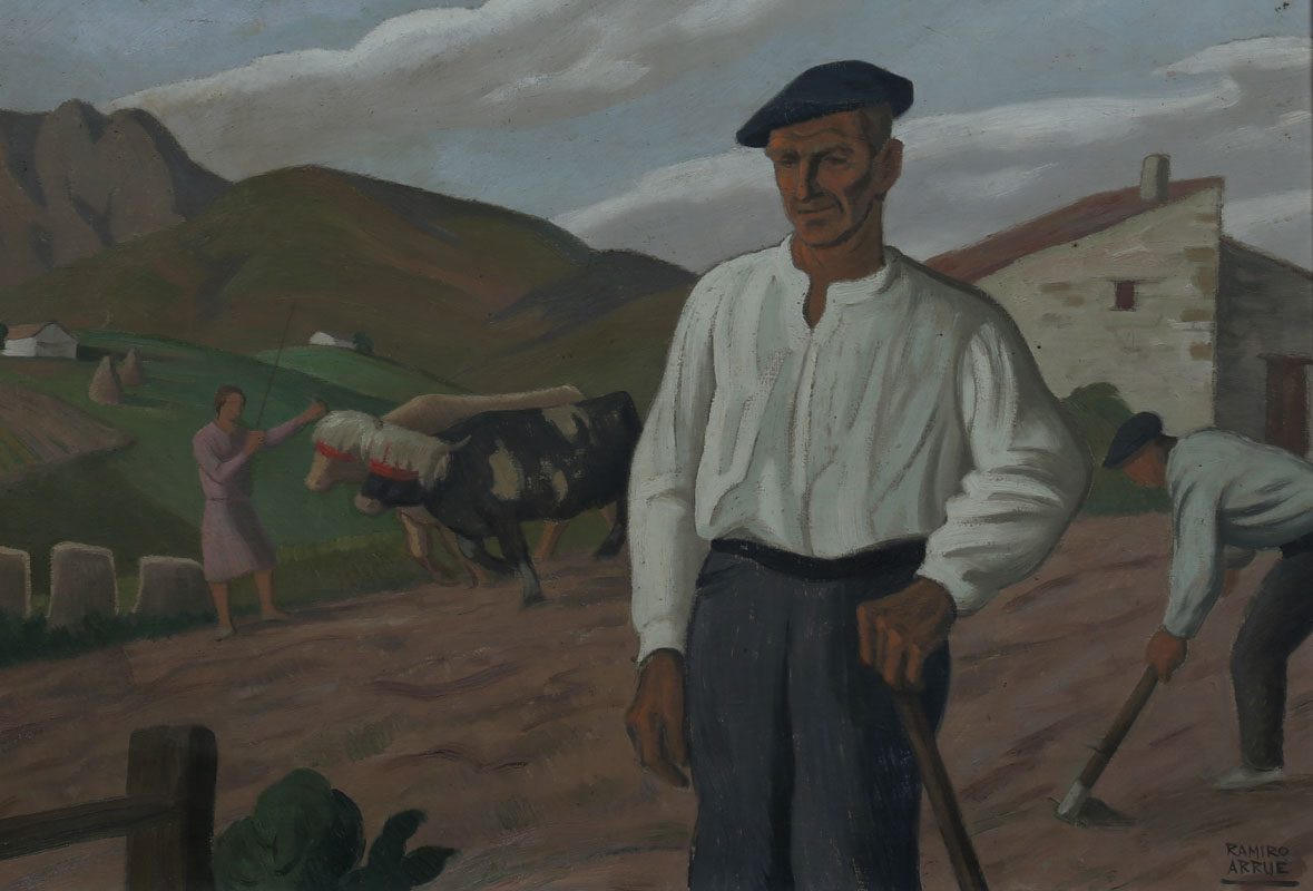 Huile sur toile ARRUE Ramiro "Personnages devant la ferme"